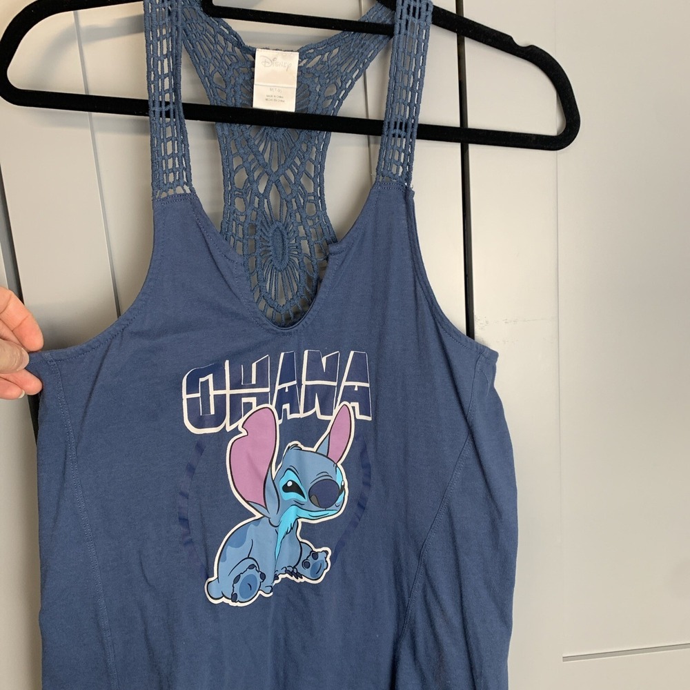 Disney Lilo & Stitch Ohana Blue Crochet Lace Racerback Tank Top Womens Medium